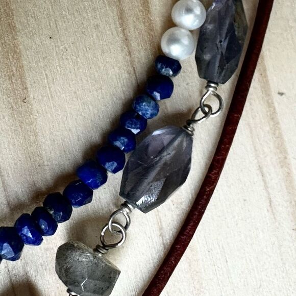 Sterling Silver Labradorite, Lapis, Pearl & Leather multi strand Bracelet - Picture 3 of 9